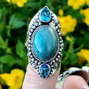 New Chrysocolla and Blue Topaz 925 Silver Statement Ring.